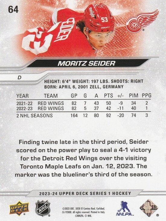 Moritz Seider - 2023/2024 Upper Deck Series 1 Hockey Card - Picture 2 of 2
